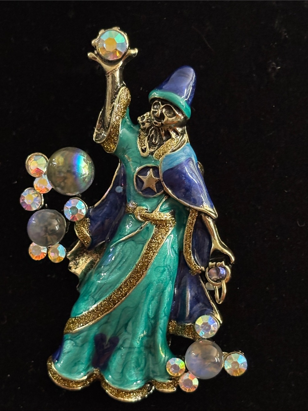 Wizard Brooch Pin in Teal and Blue with Aurora Crystal Accents and glass bubbles